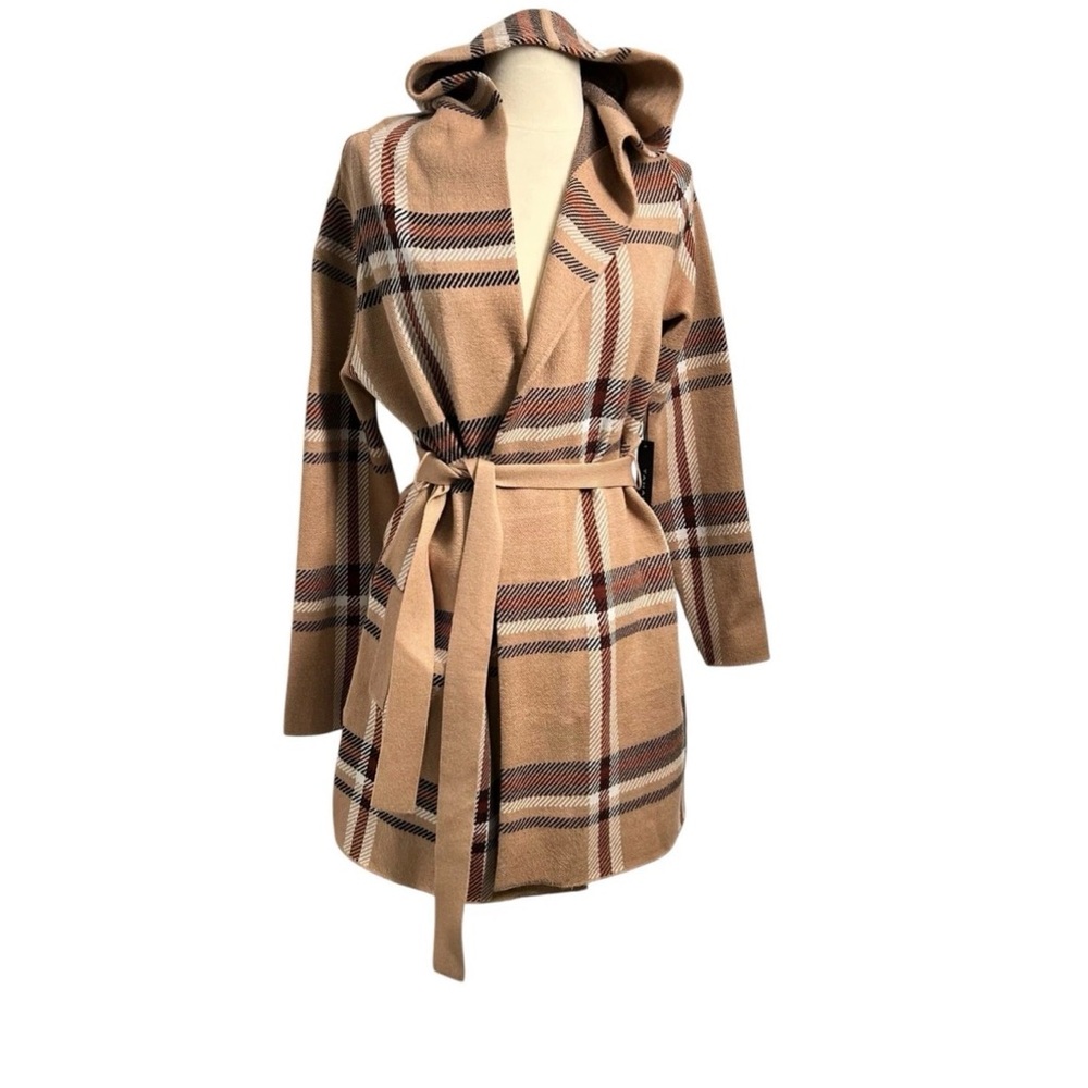 Tahari tie-belt plaid hooded cardigan coat